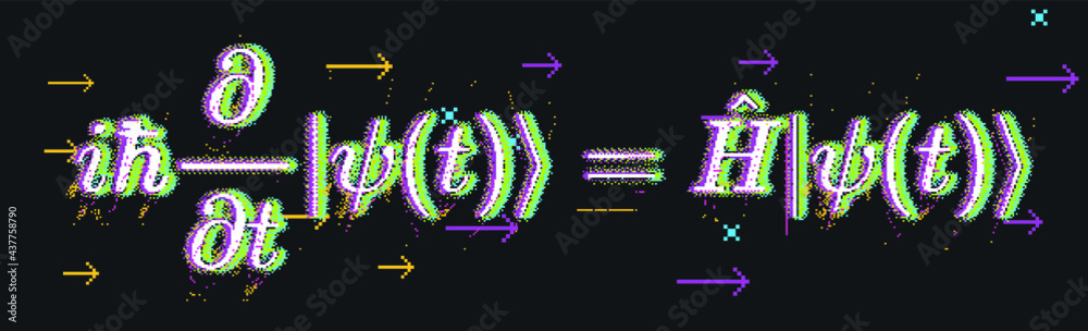 Poster Erwin Schroedinger's (or Schroedinger) linear partial differential equation that describes the quantum superposition state. Conceptual illustration of the particle field in pixel art style.