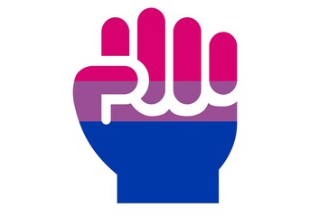 Bisexuales en lucha. Colectivo bisexual en lucha. Puño cerrado con la bandera bisexual. Día del orgullo