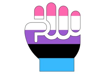 Género fluido en lucha. Puño cerrado con la bandera del género fluido sobre fondo blanco. Día del orgullo