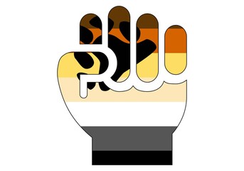 Hermandad osuna en lucha. Puño cerrado con la bandera de la Hermandad Osuna sobre fondo blanco