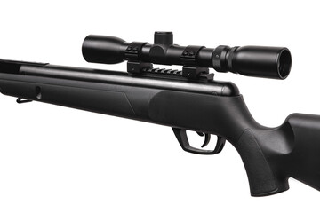Black pneumatic rifle with an optical sight isolated on white back