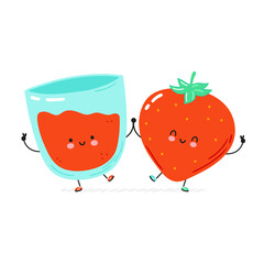Cute happy strawberry and juice glass. Isolated on white background. Vector cartoon character hand drawn style illustration. Strawberry juice cartoon character concept