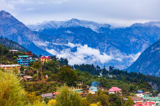 Kalpa town aerial panoramic view, India