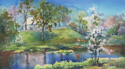 Zagare by the river in spring watercolor background