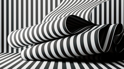 3d render, abstract fashion background with folded paper or textile ribbon black and white stripes