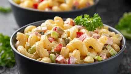 Macaroni Salad with red bell pepper, onion, celery, gherkins and mayonnaise dressing