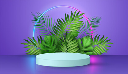 Podium in purple background with green plant leaves. Neon circle, rim. Product presentation, mockup, stage pedestal or platform. Abstract scene 3d vector illustration.