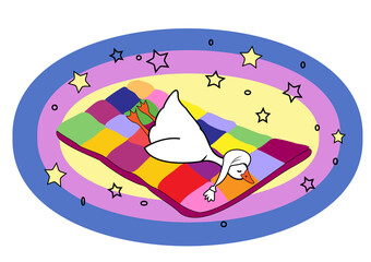 A cute goose in a white cap sleeps on a multi-colored soft blanket soaring in the starry sky © Natasha 