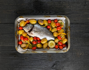 Delicious baked dorado fish with vegetables, with copy space, top view
