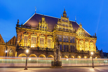 Bremen market square town hall Roland in Germany at night blue hour