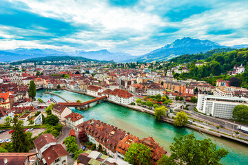 Fototapeta na wymiar Lucerne city aerial panoramic view, Switzerland