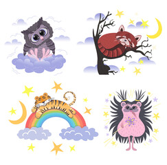 Set of cute posters drawn in cartoon style - owl, hedgehog, tiger and red panda. Stock vector illustration isolated on a white background.
