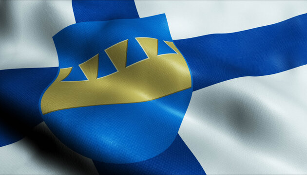 3D Waving Finland City Flag of Kerava Closeup View