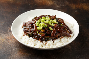 Mongolian beef stewed in dark soy sauce with spices. Asian style food