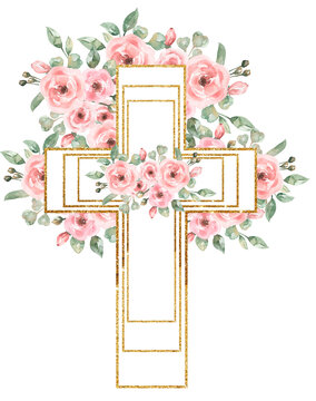 Watercolor Easter Pink flowers Cross Clipart, Golden frame, Delicate Peony Florals arrangement, Hand painted Pink Baptism Crosses, Wedding Invites, new baby girl, Holy Spirit illustration, greenery