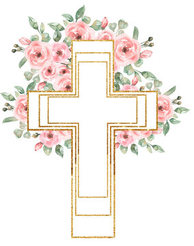 Watercolor Easter Pink flowers Cross Clipart, Golden frame, Delicate Peony Florals arrangement, Hand painted Pink Baptism Crosses, Wedding Invites, new baby girl, Holy Spirit illustration, greenery