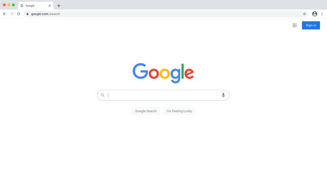 Realistic Google Search Engine Homepage, On Google Chrome Browser. Isolated Destock Google Window. Web Interface With Logo, Ediatble Text. Vector Illustration.