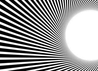 Naklejka premium Abstract striped pattern of black and white stripes emanating from a white circle. Trendy vector background