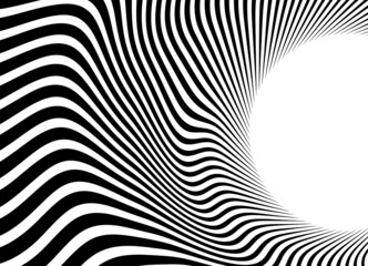 Striped pattern of black and white curved stripes. Trendy vector background