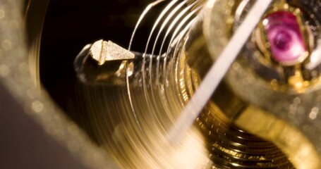 Old retro vintage clock watch mechanism close-up details, Ratchet spring, gear