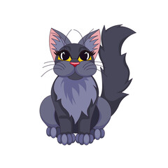 Cartoon long-haired black cat on white isolated background, pet kitten sitting in Cartoon style, concept of Halloween and Festivals, Animals and Pets, October and Fall, Trick or Treat.