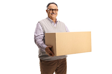 Smiling mature man holding a cardboard box - Powered by Adobe