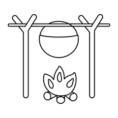 Vector black and white boiler hanging on tree twigs above the fire. Campfire pot outline illustration isolated on white background. Autumn or Summer season bonfire line icon..