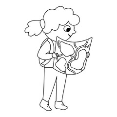 Cute black and white girl walking with backpack and map. Kid doing summer activity. Vector summer camp outline illustration. Camping character. Woodland travel tourist line icon..
