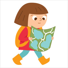 Cute girl walking with backpack and map. Kid doing summer activity. Vector summer camp illustration. Camping character. Woodland travel tourist icon..