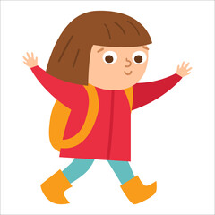 Cute girl walking with backpack and hands up. Happy walking kid. Vector summer camp illustration. Camping character doing summer activity. Woodland travel tourist icon..