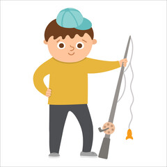 Cute boy standing with rod. Happy kid ready for fishing. Vector summer camp illustration. Camping character. Woodland travel tourist icon. Great for banners and cards.