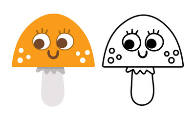 Vector cute smiling kawaii mushroom colored and black and white illustration. Autumn flat and line style plant. Funny death cap or toadstool isolated on white background. Cute coloring page.
