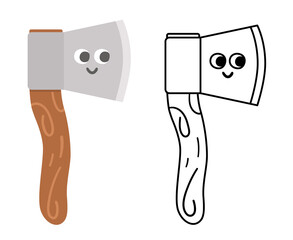 Vector kawaii axe colored and black and white illustration Camping or hiking equipment icon isolated on white background for kids. Hack tool for forest or woods tourism or travelling. coloring page