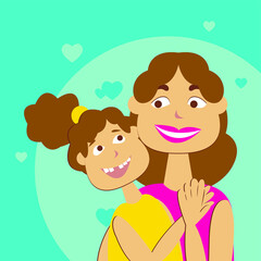 Naklejka premium Vector graphics - happy mother and little daughter smiling and hugging close-up on a blue background. Concept - love and tenderness on mother's Day