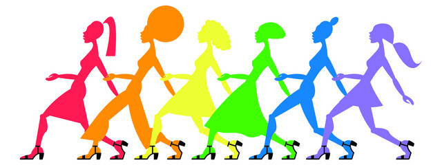 Vector graphics - six rainbow silhouettes of female supermodels walking one after another on the catwalk isolated. Concept-beauty and fashion