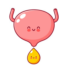 Obraz premium Cute happy funny human bladder organ character with urine drop. Vector flat line cartoon kawaii character illustration icon. Isolated on white background. Bladder with face character mascot concept