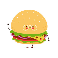 Cute funny burger in glasses character. Vector hand drawn cartoon kawaii character illustration icon. Isolated on white background. Burger character concept