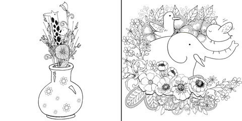 Cute animals 9n flowers coloring page set