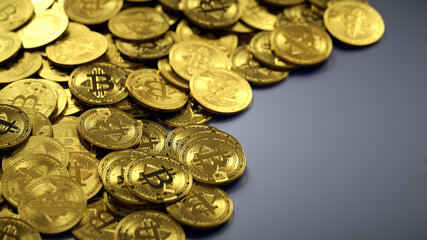 Bitcoin crypto currency coins. BTC gold bitcoins on dark background with selective focus and depth of field. Digital currency mining concept, blockchain money technology. 3d illustration.