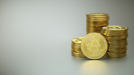 Bitcoin coins with 'bitcoin digital decentralized peer to peer' text slogan and symbol. Stack of golden bitcoin coins, illustration for poster. 3D Rendering