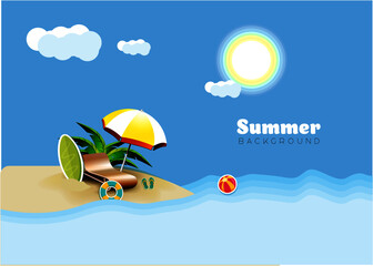 Say Hello to Summer Message in Sea Side Beach Resort Design Top View Creative Banner with Palm Trees, Tropical Leaves, Umbrellas, Ball and Fish at the Seashore. Vector Illustration