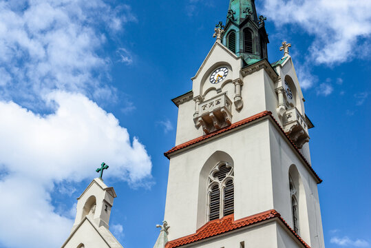 Stryi, Ukraine - May, 2021: Church of Our Lady Protectress, Polish Roman Catholic Church in Stryi, Prykarpattia region, Lviv Oblast, Ukraine.
