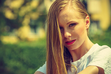 Naklejka premium Portrait girl long blonde hair