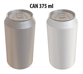 3D rendering - High resolution image of CAN 375ml, white and silver,  isolated on white background, high quality details, print ready for large format