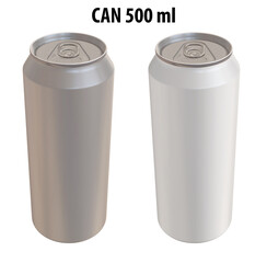 3D rendering - High resolution image of CAN 500ml, white and silver,  isolated on white background, high quality details, print ready for large format