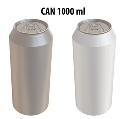 3D rendering - High resolution image of CAN 1000ml, white and silver,  isolated on white background, high quality details, print ready for large format