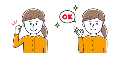 Young lady raising her fist and making an OK sign. Vector illustration isolated on white background.