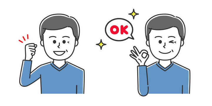 Man raising his fist and making an OK sign. Vector illustration isolated on white background.