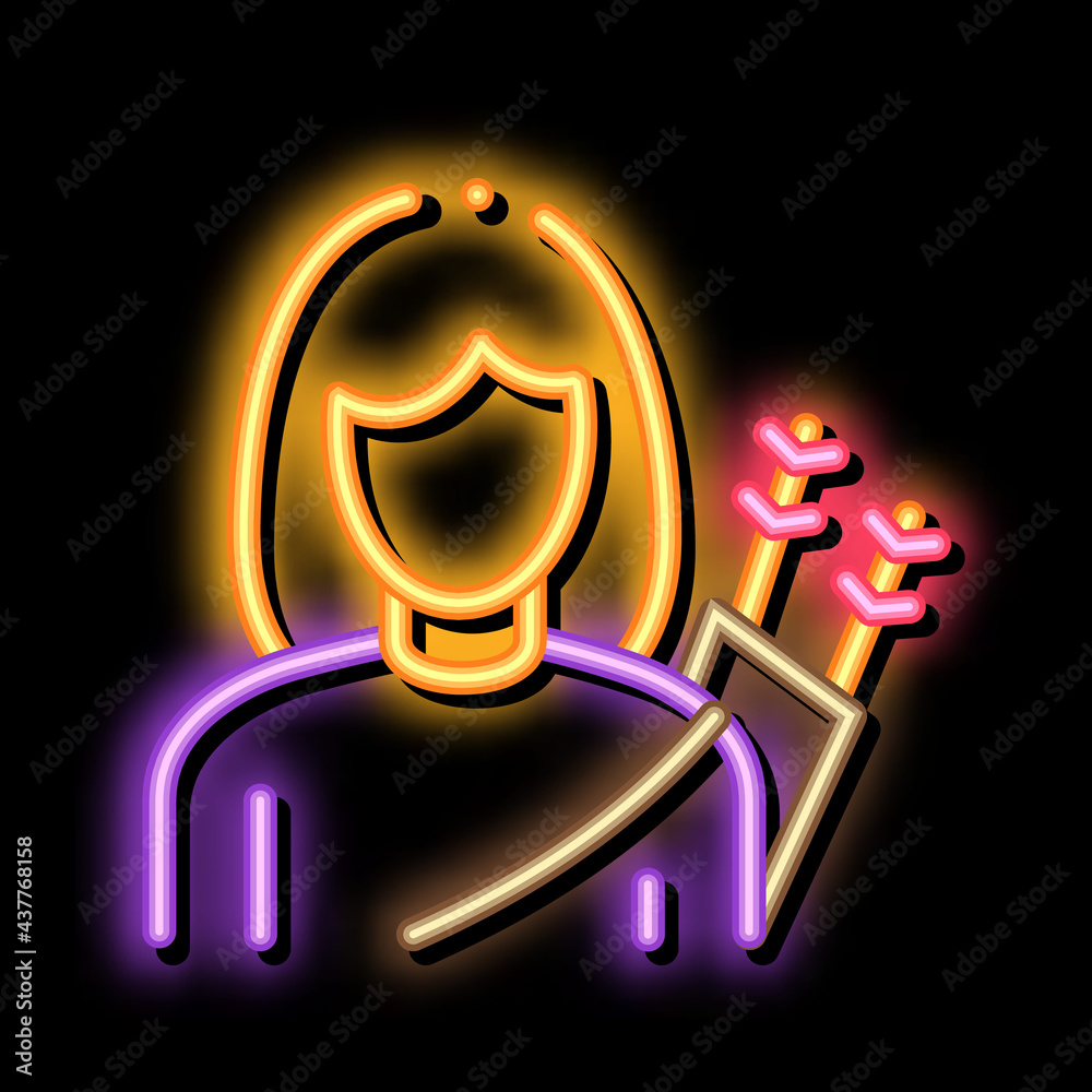 Canvas Prints Archer Woman Silhouette neon light sign vector. Glowing bright icon Girl Archer Athlete With Arrows Tool In Bag Behind Back Concept Linear Pictogram. Shooter sign. transparent symbol illustration