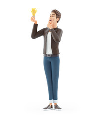3d cartoon man looking at light bulb